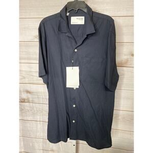 New Selected Mens Size Medium Dark Navy BLue Structured Short Sleeve Dress Shirt